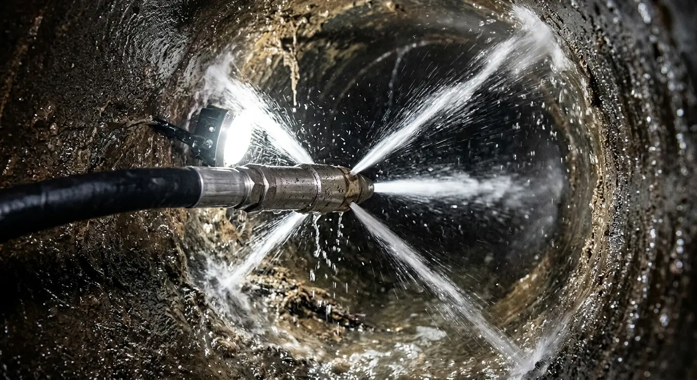 High-pressure hydro jetting nozzle cleaning sewer pipe for Sewer Cleanout in Dickinson